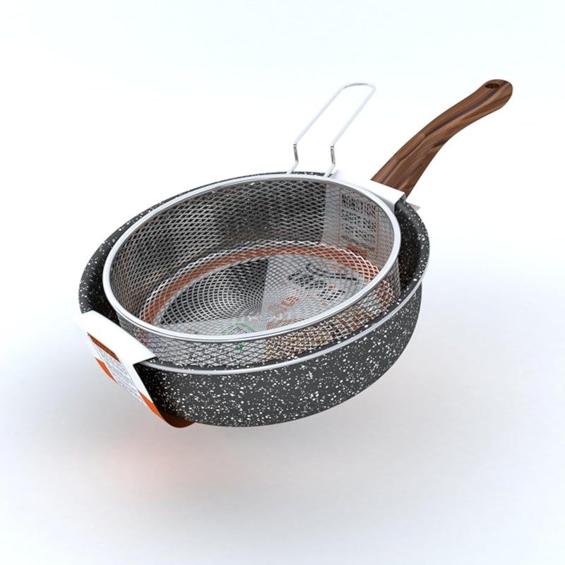 مقلاة من الجرانيت الأسود من لابيس، مقاس 24 سم، مع مصفاة من الفولاذ المقاوم للصدأ، قطعتان